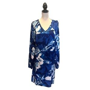 Maria Valentina Chemise/Shift Dress with Bell Sleeves in Large Scale Blue Floral
